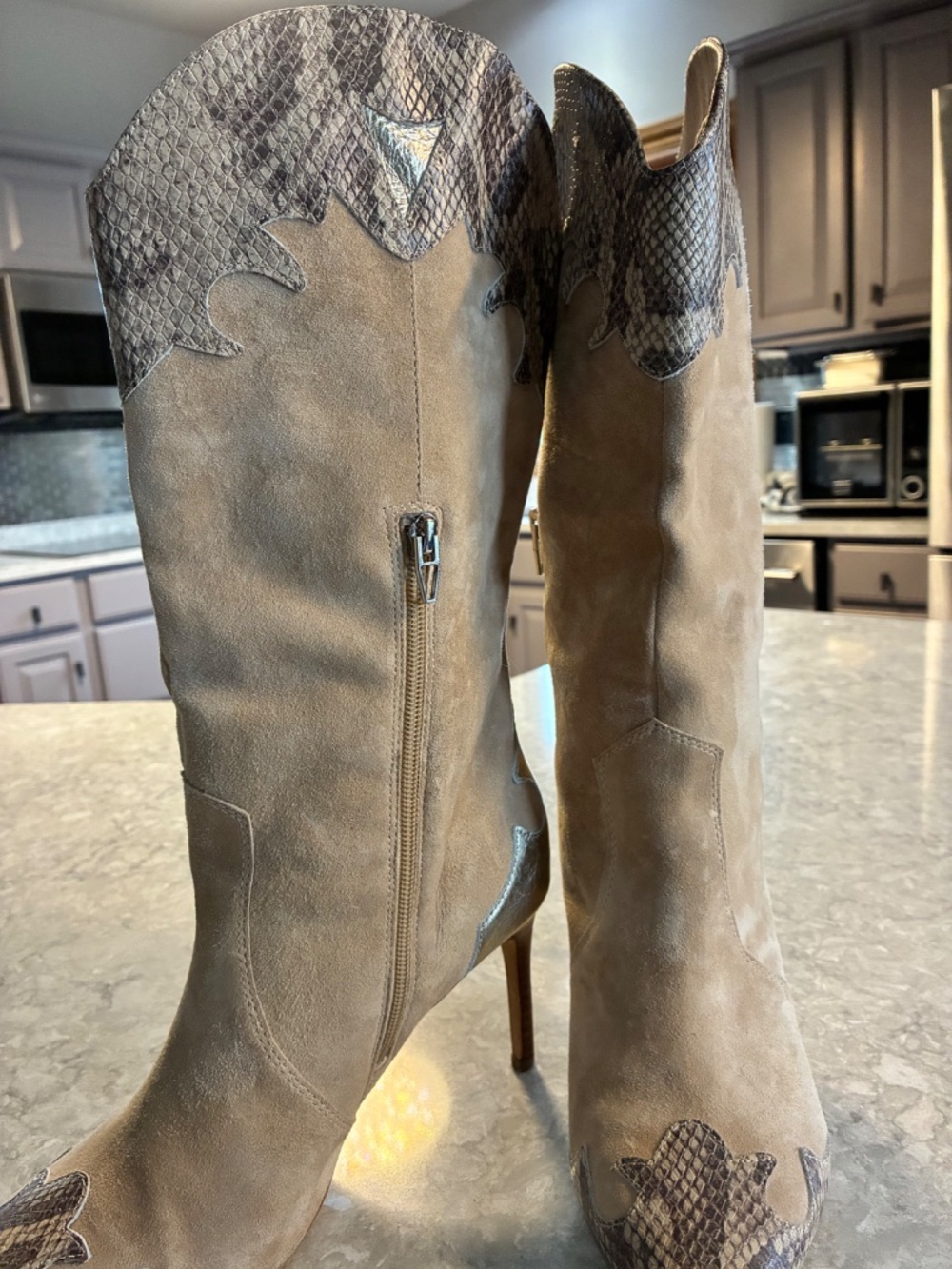 Dolce Vita Mid Calf Snakeskin Toe Heeled Boots - Picture 3 of 9